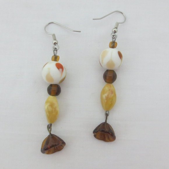 New Brown & Amber Glass Floral Dangle Earrings - Picture 2 of 6